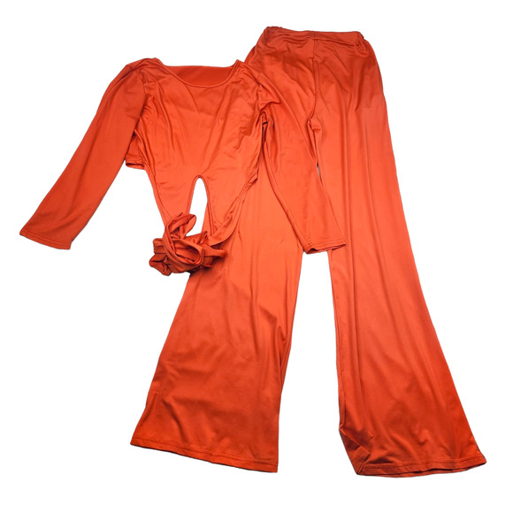 Red Satin Top Sweatpants Matching Set Womens Small Stretchy Cropped Top Wide Leg - Picture 3 of 6